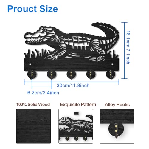 MAYJOYDIY Crocodile Wall Mount Key Holder, 30 x 18.1 cm, 5 Alloy Hooks, Wooden Coat Rack for for Entryway Hallway Kitchen Bedroom - Image 2