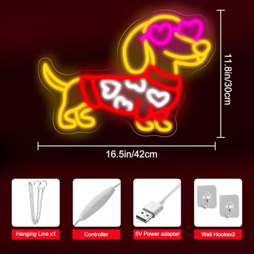 Image of Heart Dog Neon Sign Stylish Dachshund LED Light for Pet Lovers | Pet Room Decor Gift for Dog Mom USB Powered Dimmable Home Wall Room Decoration 16.5 inchx11.8 inch