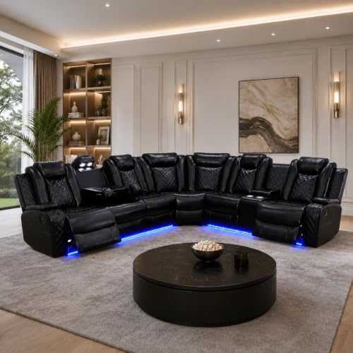 Power Reclining Sectional Sofa for Living Room, L-Shaped Air Leather Recliner Couch with Dual Power Recliners, LED Lights, Wireless Charging, Storage Console, Cup Holders and USB Ports, Black