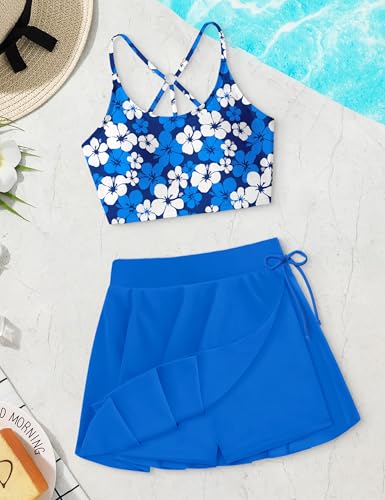 Girls Swimsuit Tropical Floral Bikini + Side Slit Pleated Skirt with Shorts 2 Piece Bathing Suit Girls Swimwear 7-14Y4