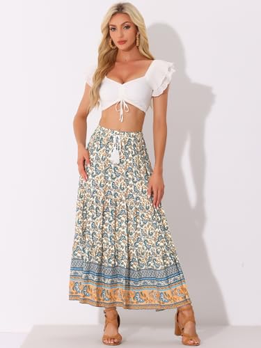 Allegra K Boho Skirt for Women's Casual Peasant Floral Bohemian Tassels Elastic Waist Maxi Skirts4