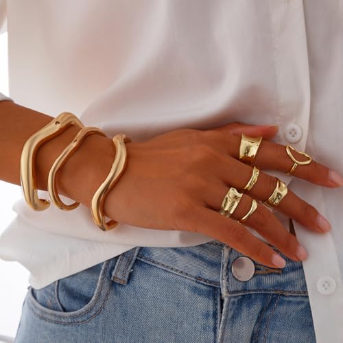Gold Bangle Bracelets Set for Women Open Cuff Chunky Waterproof Multi-layer Cross Wire Open Bangles Hollow Wide Bracelets Set for Woman(3 PCS)3