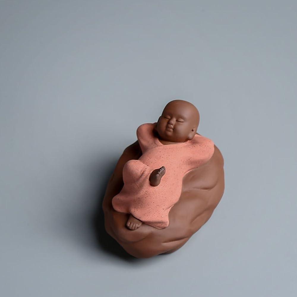 YUZDNM Baby Buddha Monk Statue, Ceramic Chinese Little Monk Figurines for Home Office Car Decor(Orange)