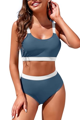 Image of Womens High Waisted Bikini Sets Sporty Crop Top Color Block Swimwear Bandeau Scoop Neck Vintage Two Piece Bathing Suits