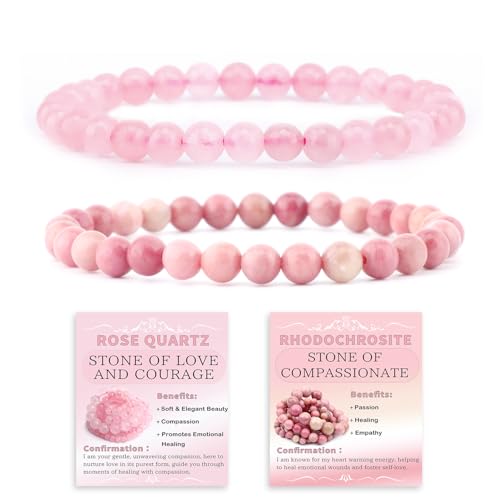 NCB 2-Piece 6mm Natural Crystal Gemstone Stretch Bracelets – ﻿Pink Quartz, Rhodochrosite Handmade Reiki Energy Healing Jewelry for Meditation,Yoga, Unisex
