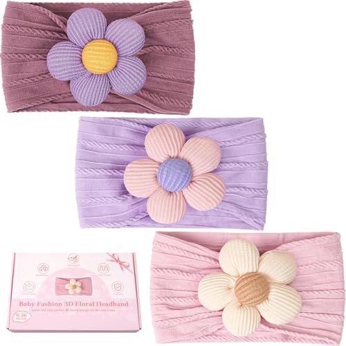 Image of CÉLLOT Baby Flower Headbands Baby Girls Nylon Headbands Soft Elastic Hairbands Hair Accessories for Newborn Infant Toddler Kids (Violet,Cameo,Pink)