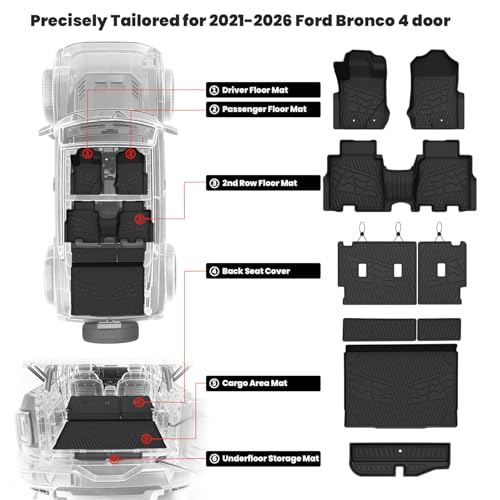 Image of LASFIT Floor Mats+Cargo Liner for Ford Bronco 4-Door 2021-2026 Carpet Floor