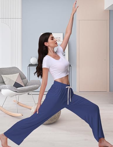 Image of Veseacky Women's Wide Leg Lounge Pants Yoga Pajamas Comfy Stretch Drawstring Pajamas Puls Size Dance Bottoms S-4XL