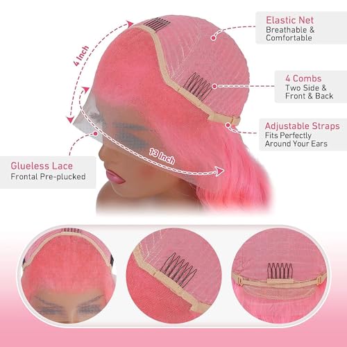 Image of Pink Human Hair Wig Body Wave 20 Inch Light Human Hair Wig 200% Density Wig | 13x4 UHD Lace Front Human Hair Wigs Pre Plucked Pre Cut Pink Wigs 100% Virgin Human Hair Glueless Body Wave Wigs For Women