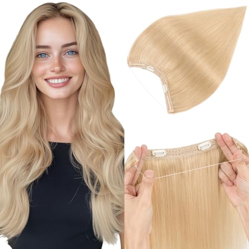 Elailite Hair Extension Real Human Hair One Piece Invisible Secret Wire Clip Headband Extension Straight, #24 Natural Blonde