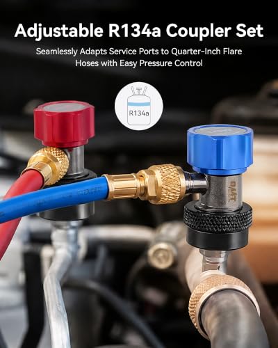 Image of OMT R134a Quick Coupler Adapters High Low Pressure Connectors Set | Aluminum & Nickel-Plated Bronze Build; Snap Lock Grip; Leak-Free 6-Ball Design; Auto AC Repair for Technicians