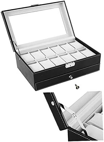 Autoark Leather 12 Watch Box with Jewelry Display Drawer Lockable Watch Case Organizer,Black,AW-001