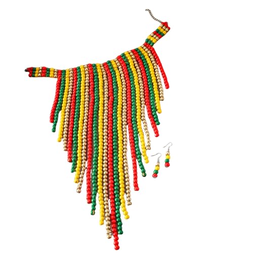 Uqezagpa Juego de collar y aretes con cuentas de estilo de borla larga, joyería de boda, textura de cuentas de madera para mujer, 5.46x7.8in, cuentas de madera