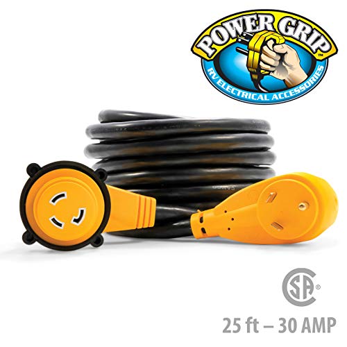 Image of Camco Power Grip 25-Ft 30 Amp RV Extension Cord w /90 Locking End - Rated for 125V / 3,750W - Features Threaded Locking Ring for Weatherproof Connection & 10-Gauge Copper Wire (55524) (Pack of 2)