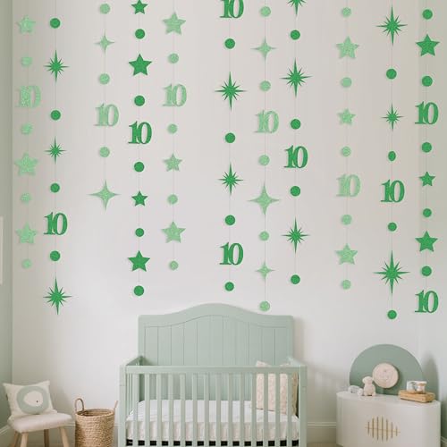 Image of Green 10th Birthday Decorations Number 10 Circle Dot Star Garland Glitter Streamer Banner Backdrop for Girls Boys Double Digits Cheers to 10 Years Old Birthday 10th Anniversary Party Supplies