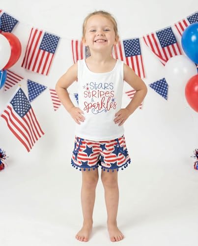 Image of Unique Baby Girls Toddler Big Kid Sleeveless Tank with Pom Pom 2pc Shorts Set Outfit