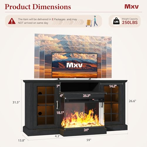 Image of MXV 59'' Fireplace TV Stand, Farmhouse Entertainment Center with 3 Sided Glass TV Stand, Modern Media Console Table with Storage Drawers & Cabinets with LED Flame and Lights for Living Room, Black