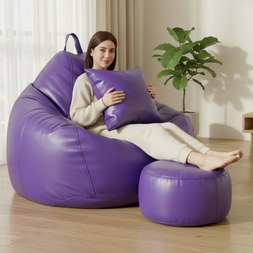 Image of KAM'S LIEU 5XL Premium Leatherette Bean Bag Combo with Footrest & Cushion | Pre-Filled with EPS Beans | Double Stitched | 6 Months Warranty | Purple