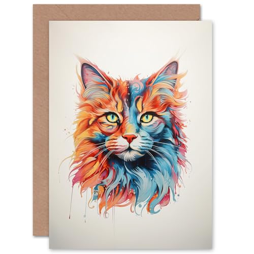 Artery8 Maine Coon Cat Lover Gift Pet Portrait Orange Blue Pink Artwork Painting Sealed Greeting Card Plus Envelope Blank inside