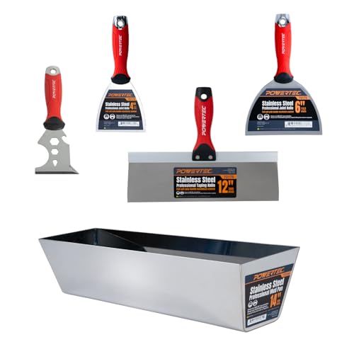 Image of POWERTEC 72483 Drywall Hand Tool Kit - 4 inch & 6 inch Stainless Steel Joint Knives, 12 inch Taping Knife, 9-in 1 Painter Scraper and 14 inch Mud Pan