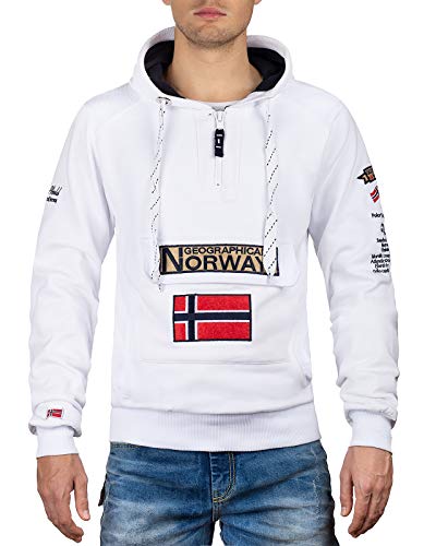 Geographical Norway GYMCLASS Men - Sudadera con Capucha y de Bolsillo Canguro para Hombre - Sudadera con Logo de la Marca y Manga Larga (Blanco, XL)