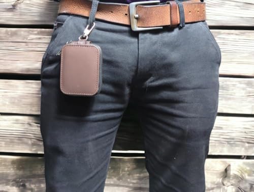 Image of Premium Eco-Friendly Universal Leather TWS earpod Storage Pouch Zip Lock with Hook Compatible with All Generation Apple Airpods - (Cover Only) (Dark Brown)