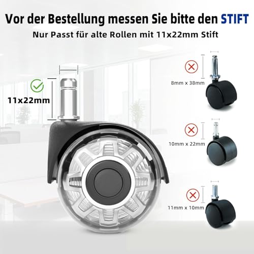 Sytopia Bürostuhl Rollen 11mm x 22 mm, 5er Set Rollen für Bürostühle, Super Leise und Weiche für Hartböden, Parkett, Teppich, Laminat, Keine Bodenschutzmatte Nötig (Grau, Nicht für 1KEA 10mm Stift)