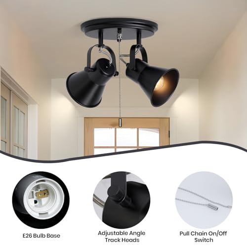 Image of 2-Light Black Track Lighting with Pull Chain, Industrial Adjustable Pull Chain Light Fixture Round Ceiling Light, Modern Flush Mount for Kitchen, Hallway, Dining Room