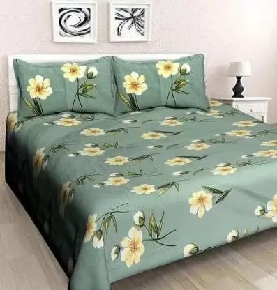 Image of DECORUM 3 D Polycotton Queen Size Bedsheet 90 X 90 Inch with 2 Pillow Cover (Green Flower)