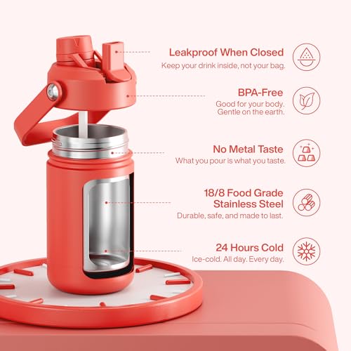 Image of Kids Insulated Water Bottle with Straw - 12oz Stainless Steel Water Bottle with Dual Spouts, Leak-Proof, BPA-Free, Double Wall Vacuum Keeps Cold for 24 Hours for Sports, Travel, School (Tawny Orange)