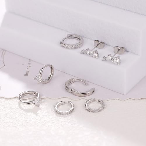 REVOLIA 4Pairs 14K Gold Plated Dainty Stud Huggie Hoop Earrings Womens Ear Cuffs CZ Set for Multiple Piercing Flower Earrings for Cartilage Sparkle CZ-Silver