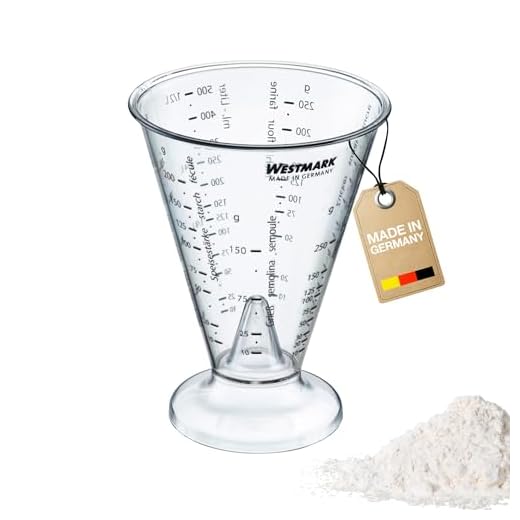 Westmark Messbecher mit Feinmesskegel, mehrsprachigen Messskalen und verschiedenen Maßeinheiten, Füllvolumen: 0,5 Liter, Kunststoff, Trichterförmig, Gerda, Transparent, 30762270