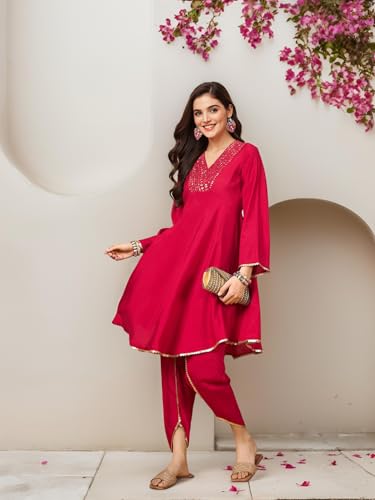 Ishin Women Sequin V-Neck Embellished Knee Length Flared Kurta With Dhoti Pants