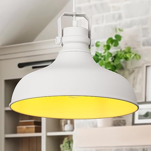 Image of White Modern Pendant Lights Kitchen Island Fixtures | ETL Certificate,Industrial Adjustable Height Vintage Dome Hanging Light Fixtures for Barn,Dining Room 3 Pack