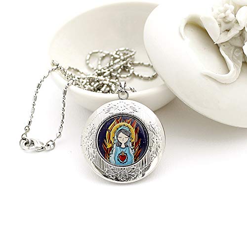 Colar Relicário Sagrado Coração de Maria para Fotos Prateado