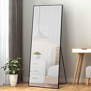 NeuType 55″ X 16″ Full Length Mirror Full Body Mirror Aluminum Alloy Thin Frame Floor Mirror Wall Mirror Dressing Mirror Hanging or Leaning Against Wall Bedroom Mirror Black with Stand