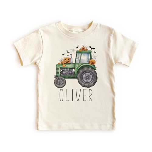 Personalized Kids Halloween Tractor T-Shirt - Custom Spooky Green Farm Tractor - Fun Halloween Shirt with Jack-o'-Lantern Pumpkins - Customizable with Child’s Name - Natural Toddler Youth Tee