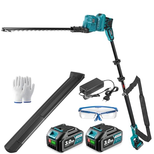 Yofidra Akku Teleskop Heckenschere Elektrische Heckenschere mit 40cm Stahlmesser 2×3.0Ah Akku 2 4 m Teleskopstange 180drehbarem Schneidkopf kabellose Strauchschere für Heckenpflege