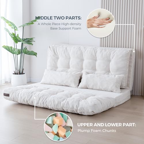 Image of MAXYOYO Folding Sofa Bed, Tufted Bean Bag Bed with Pillows Floor Couch for Adults, Extra Thick and Long Floor Sofa, Full Floor Couch Bed for Bedroom Living Room, Beige, 54x91 Inch