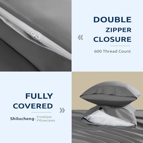 Shilucheng 100% Cotton Queen Size Duvet Covers - 600 Thread Count, Luxury Sateen Weave Egyptian Cotton Comforter Cover with Zipper Closure & Corner Ties,Hotel Bedding Duvet Covers 3 Piece (Grey)