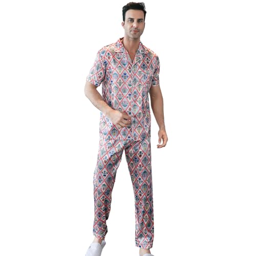 Men's Satin Pajama Set Short Sleeve Silky Pajama Pants Button Down Sleepwear Multicolor Silky Men's Pajama Set2