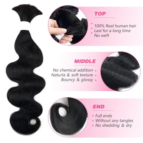 Liqusee Human Braiding Hair 100g One Bundle/Pack 20 Inch Natural Black Body Wave Curly Bulk Human Hair for Braiding No Weft 100% Unprocessed Brazilian Human Hair Braiding Hair for Boho Braids