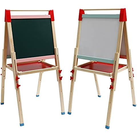 Kids Wooden Art Easel Double-Sided Whiteboard & Chalkboard,Height Adjustable with Paper Roller Cover
