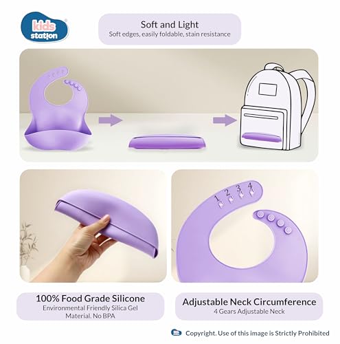 Image of Kids Station 8-Piece Silicone Baby Feeding Set | Suction Bowl, Plate, Bib, Cup, Spoon & Fork | 100% Food Grade BPA-Free Silicone | Non-Slip, Easy to Clean (Pack of 8, Purple)