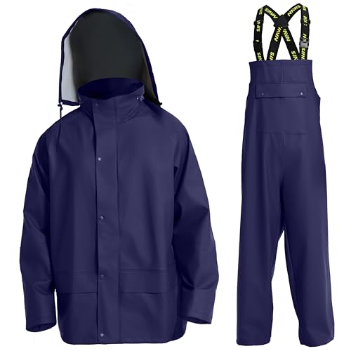 Wasserdichte Regenjacke Hose mit Kapuze für Männer Frauen Regenanzüge Wetterausrüstung 3-teiliges Set - Blau - X-Large