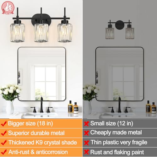 Image of Matte Black Vanity Light, 3-Light Crystal Modern Bathroom Lighting Fixtures Over Mirror, Black Bathroom Vanity Light (Bulbs Not Included)