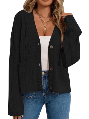 Women's Fall Chunky Knit Open Front Sweaters Long Sleeve Button Cardigan 2025 Loose Short Outerwear Coats - Main Image