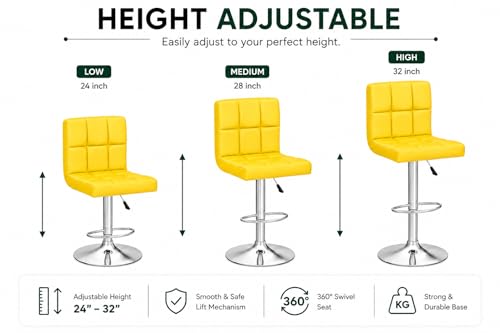 Image of Kemon KaiMeng Modern Adjustable Swivel Bar Stool Chair with Backrest, PU Leather Hydraulic Counter Stool with Footrest for Kitchen Island, Cafe & Home Bar, Yellow, Square Tufted Back Stool