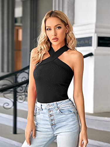 Bodosalia Women Criss Cross Halter Tank Top Solid Ribbed Sleeveless Shirts Summer Casual Basic Cami3