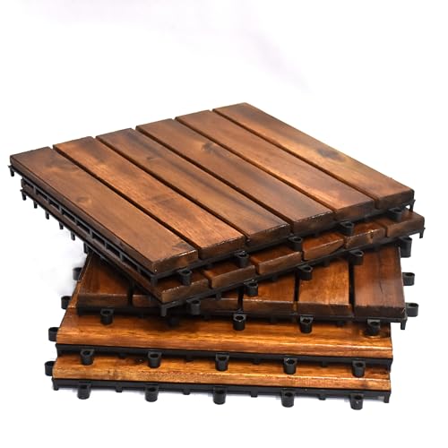 Image of Acacia Wooden Deck Tiles Wood Floor Decking Water Resistant Tile for Balcony, Terrace, Garden | Quick Flooring Solution for Indoor /Outdoor (Dark Brown - Pack of 6)